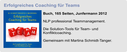 Erfolgreiches Coaching fr Teams  Buch, 165 Seiten, Junfermann 2012  NLP professional Teammanagement. Die Solution-Tools fr Team- und Konfliktcoaching.  Gemeinsam mit Martina Schmidt-Tanger.